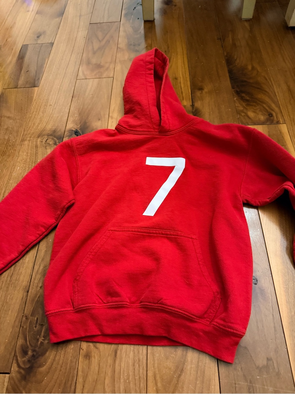 Kids Red Hooded Sweatshirt with White Number 7